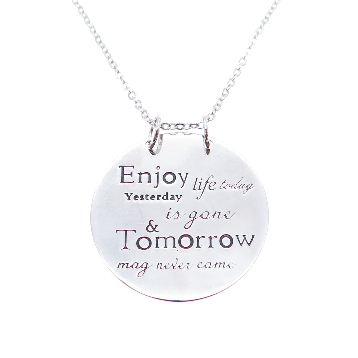 HAN 925 Sterling Silver Enjoy Life Today Round Tag Cable Chain Necklace 18"
