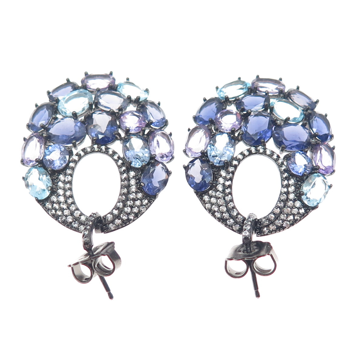 925 Sterling Black Rhodium Blue & White Topaz Amethyst Tanzanite Iolite Earrings