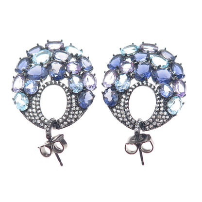 925 Sterling Black Rhodium Blue & White Topaz Amethyst Tanzanite Iolite Earrings