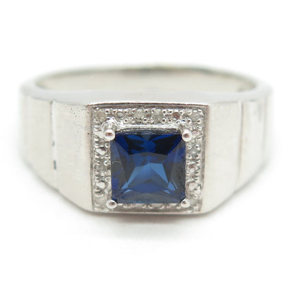 925 Sterling Silver Real Round-Cut Diamond & Lab-Created Sapphire Ring Size 11