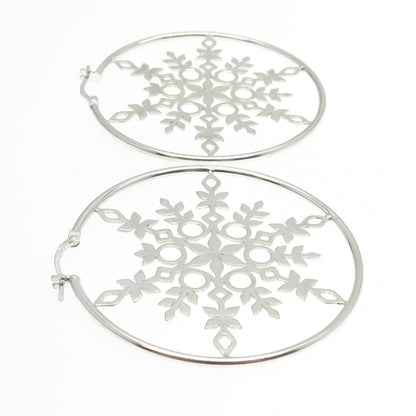 925 Sterling Silver Snowflake Hoop Earrings