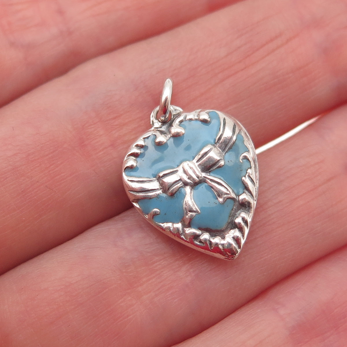 925 Sterling Silver Antique Art Deco Enamel Bow Chatelaine Heart Mini Pendant