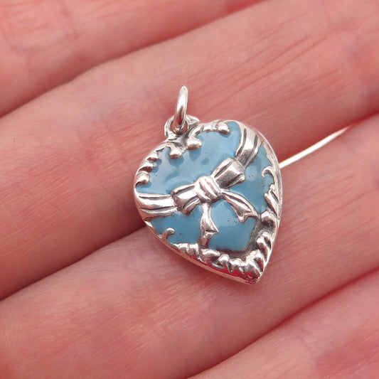 925 Sterling Silver Antique Art Deco Enamel Bow Chatelaine Heart Mini Pendant