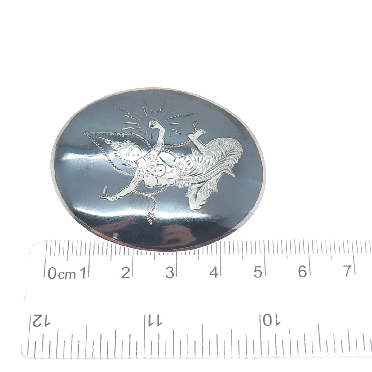 925 Sterling Silver Antique Siam Niello Hindu Goddess Pin Brooch