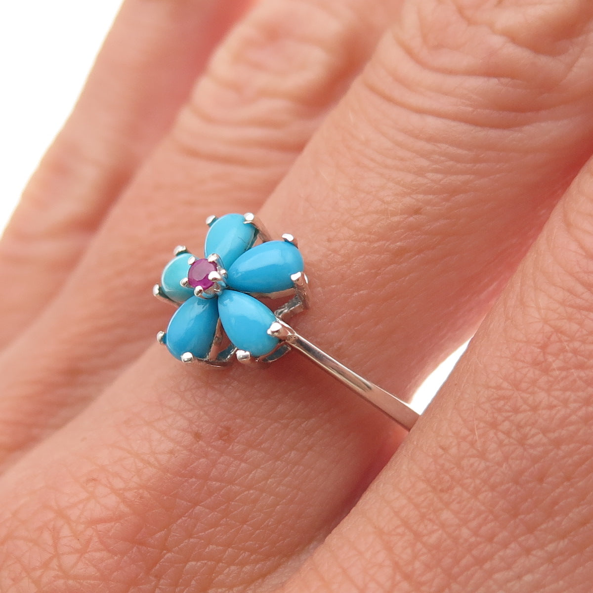 Chuck Clemency 925 Sterling Silver Real Turquoise & Ruby Floral Ring Size 8.25
