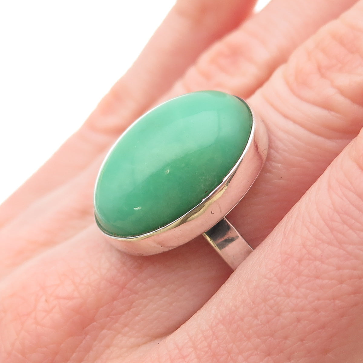 925 Sterling Silver Vintage Real Cabochon Chrysoprase Ring Size 8