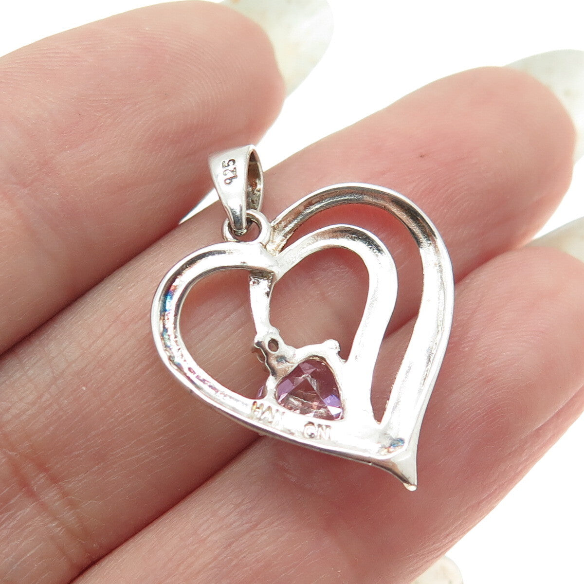 HAN 925 Sterling Silver White & Pink C Z Open Heart Pendant