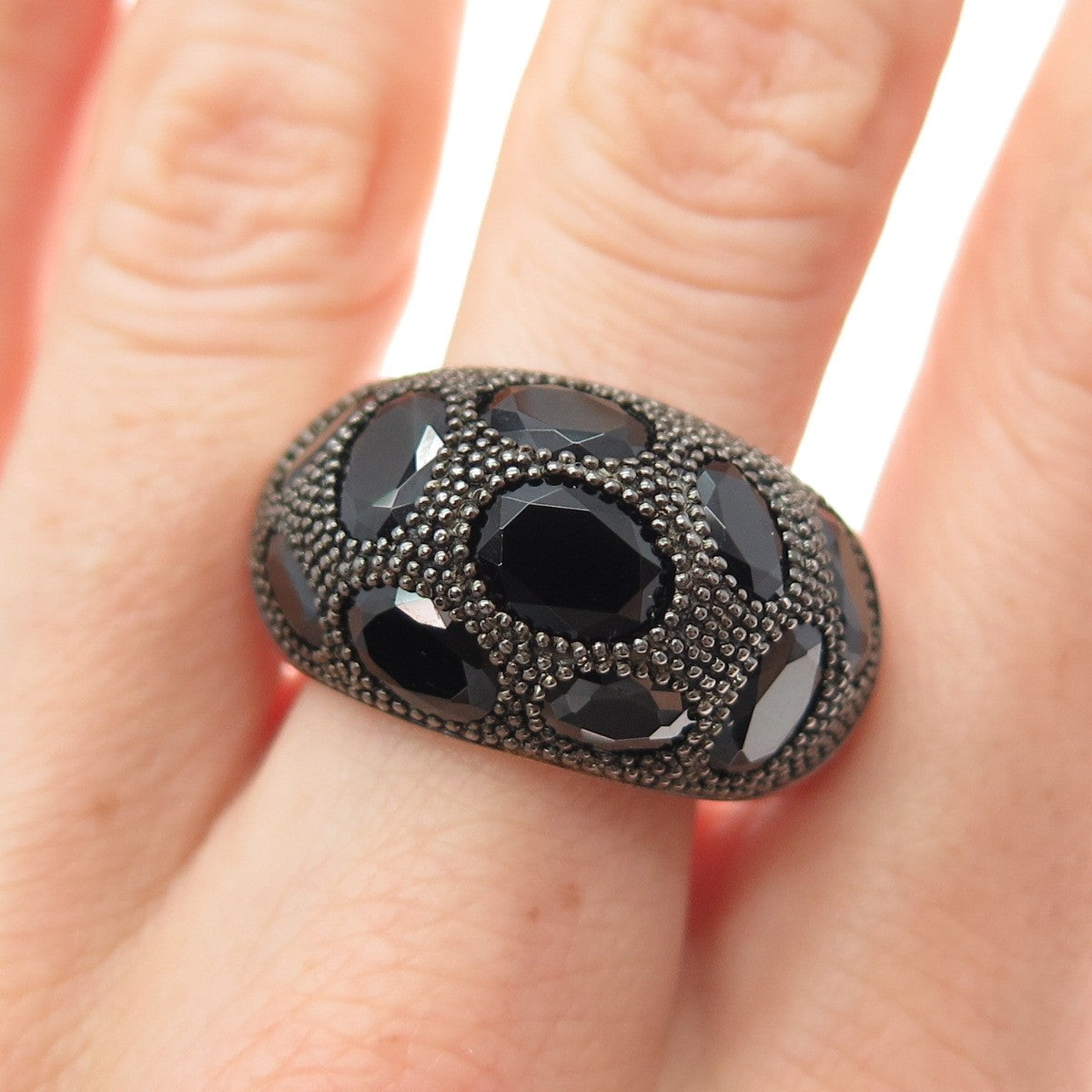 925 Sterling Silver Black Rhodium Vintage Real Black Spinel Ring Size 9.5