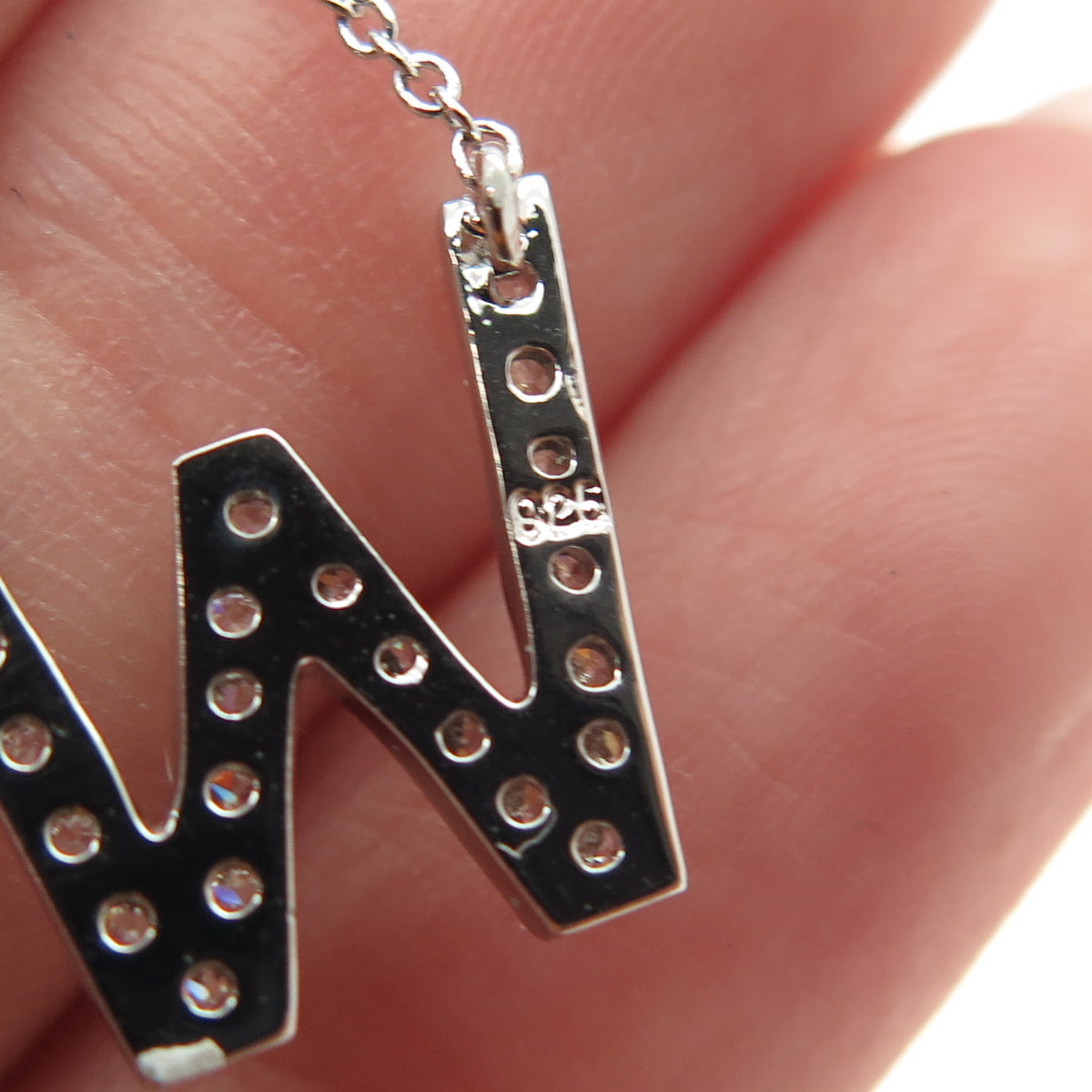 925 Sterling Silver C Z Letter "W" Initial Rolo Chain Necklace 16-18"