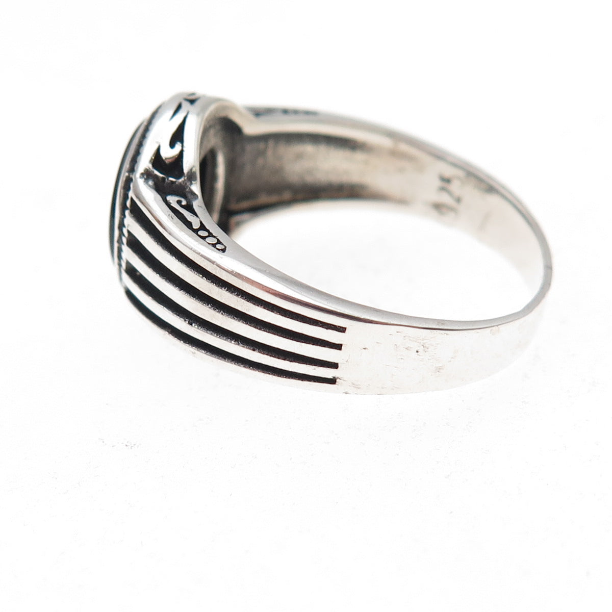 925 Sterling Silver Vintage Real Black Onyx Modernist Oxidized Ring Size 10.5