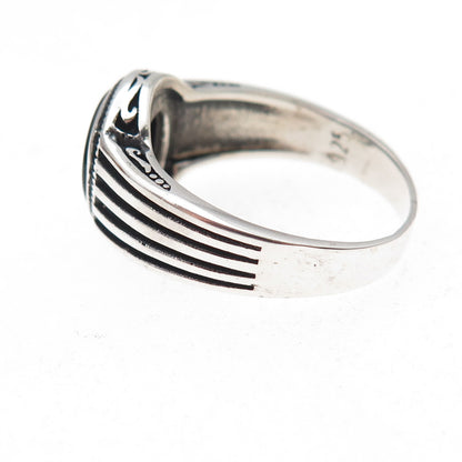 925 Sterling Silver Vintage Real Black Onyx Modernist Oxidized Ring Size 10.5
