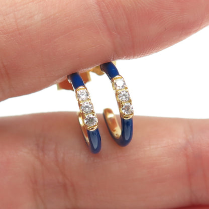 925 Sterling Silver Gold Plated C Z & Blue Enamel Half Hoop Earrings