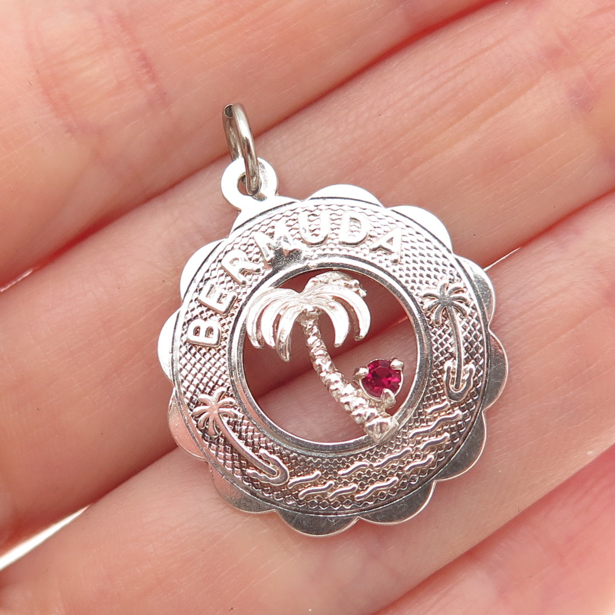 925 Sterling Silver Vintage Pink Rhinestone Bermuda Palm Tree Charm Pendant