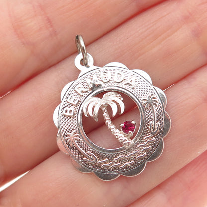 925 Sterling Silver Vintage Pink Rhinestone Bermuda Palm Tree Charm Pendant