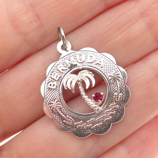 925 Sterling Silver Vintage Pink Rhinestone Bermuda Palm Tree Charm Pendant