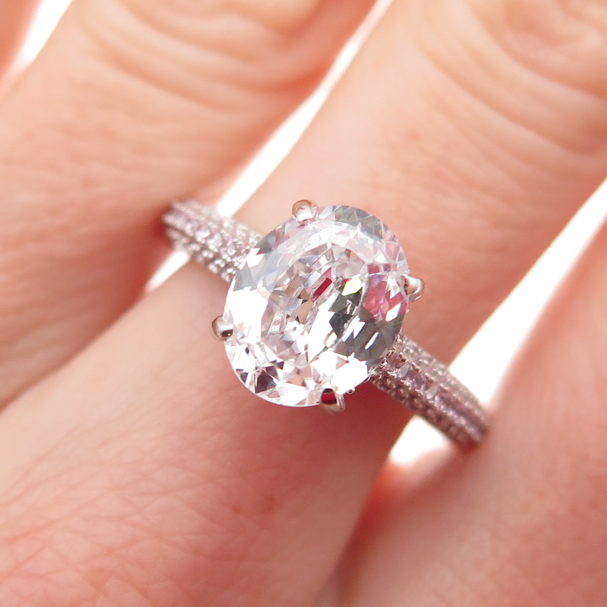 DSMK 925 Sterling Silver White Oval & Pink Round-Cut C Z Engagement Ring Size 7