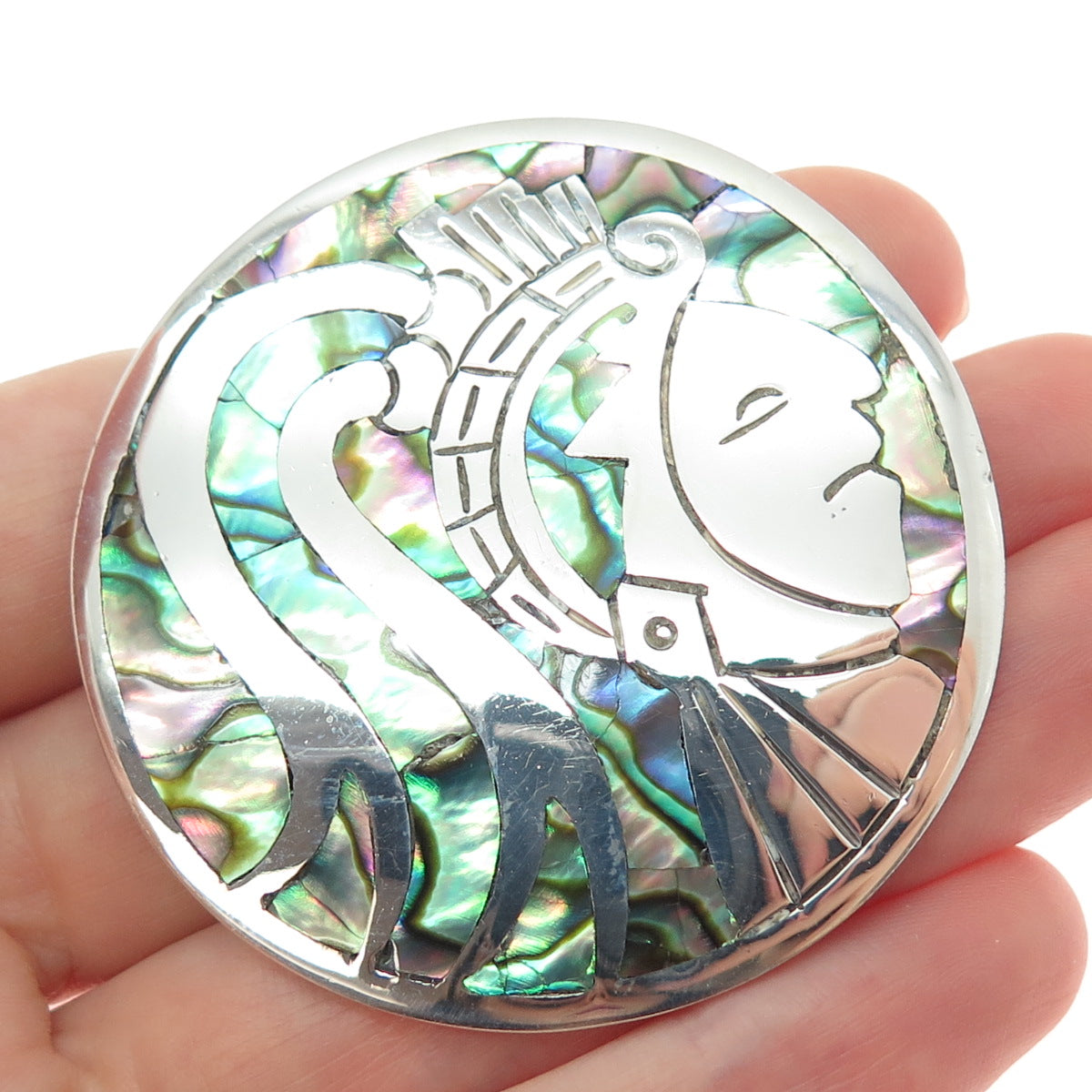 925 Sterling Silver Vintage Mexico Real Abalone Shell Warrior Pin Brooch Pendant