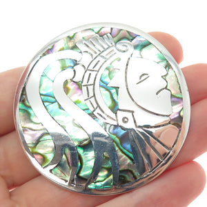 925 Sterling Silver Vintage Mexico Real Abalone Shell Warrior Pin Brooch Pendant