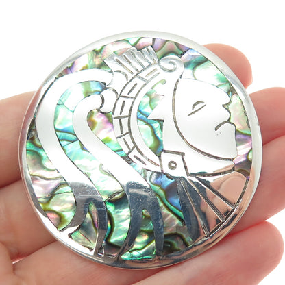 925 Sterling Silver Vintage Mexico Real Abalone Shell Warrior Pin Brooch Pendant