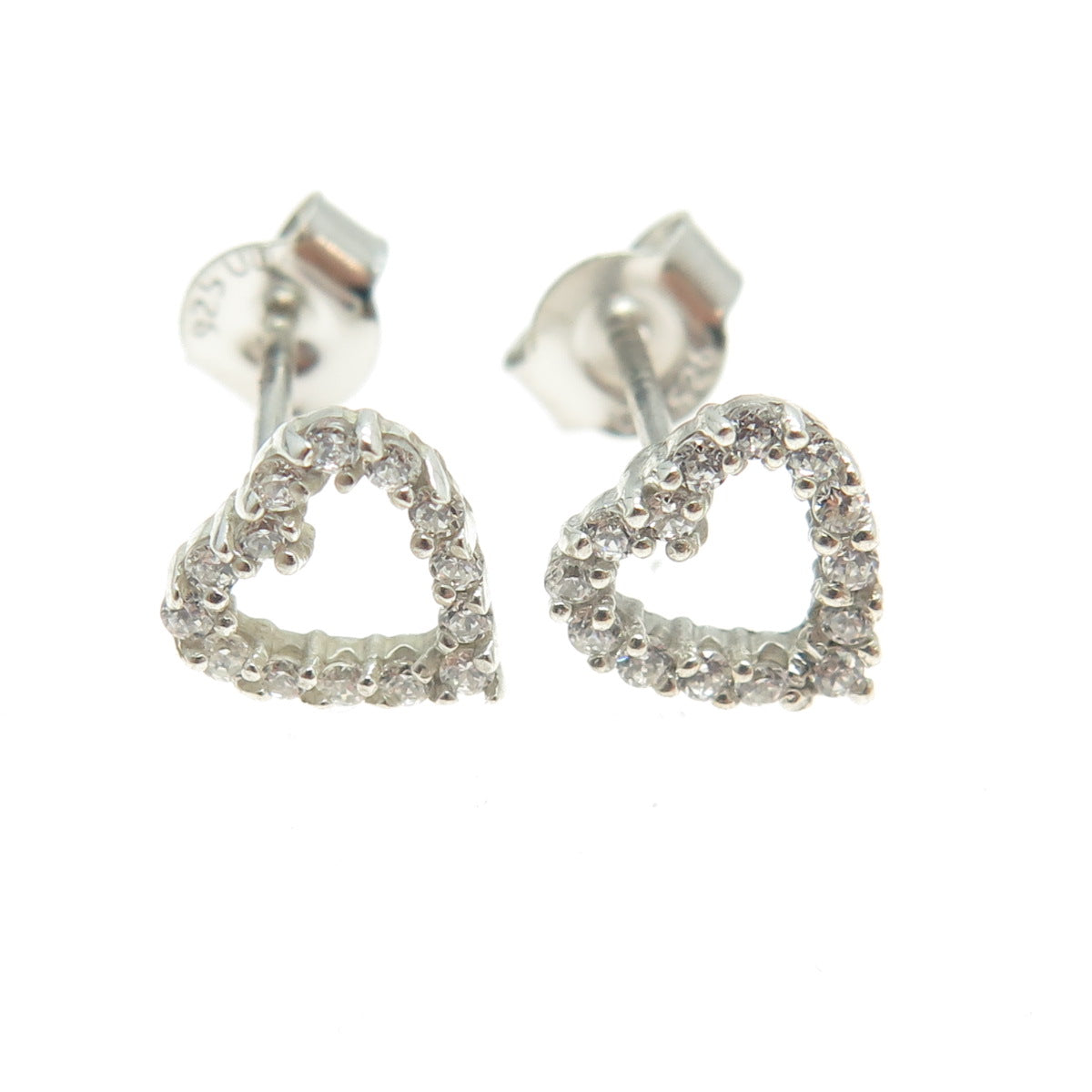 925 Sterling Silver Round-Cut Shaped C Z Open Heart Stud Earrings