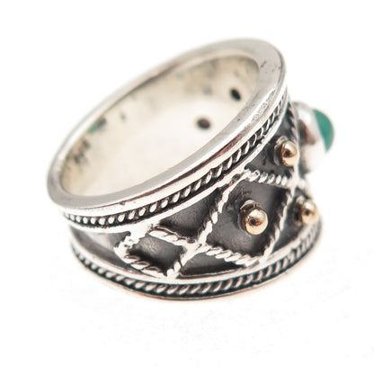 925 Sterling Silver 14K Gold Vintage Real Green Onyx Oxidized Ring Size 6