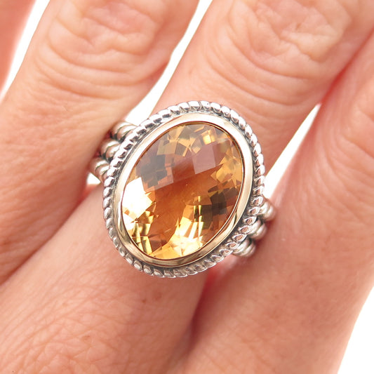 925 Sterling Silver 14K Gold Vintage Real Citrine Modernist Oxidized Ring Size 7