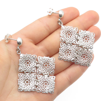 950 Silver Vintage Modernist Floral Dangle Earrings