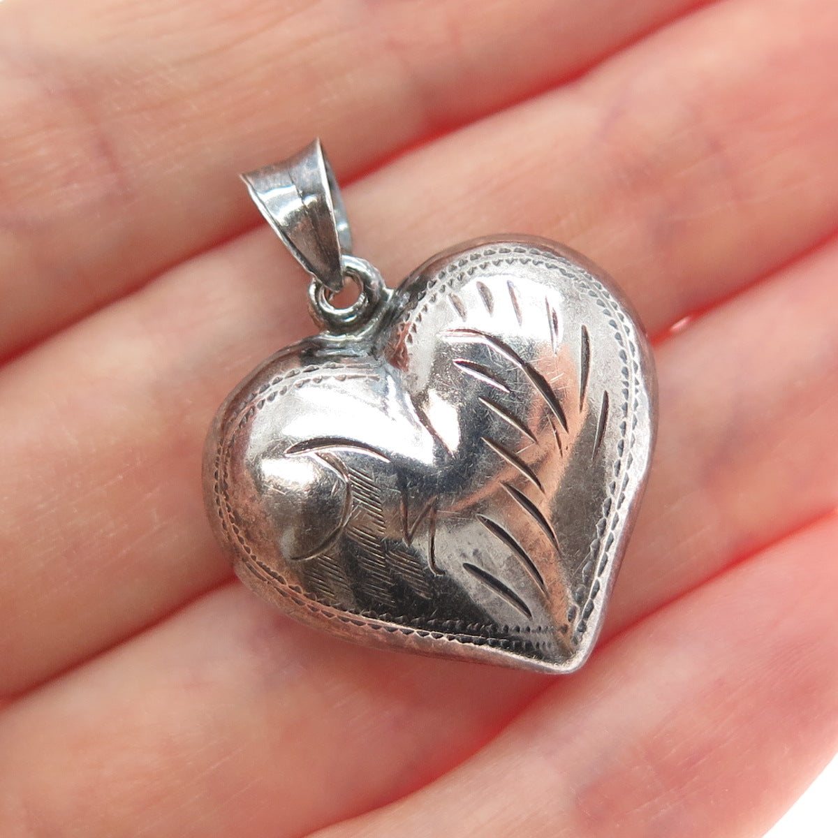 925 Sterling Silver Vintage Engraved Puffy Heart Oxidized Charm Pendant