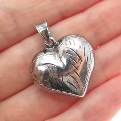925 Sterling Silver Vintage Engraved Puffy Heart Oxidized Charm Pendant
