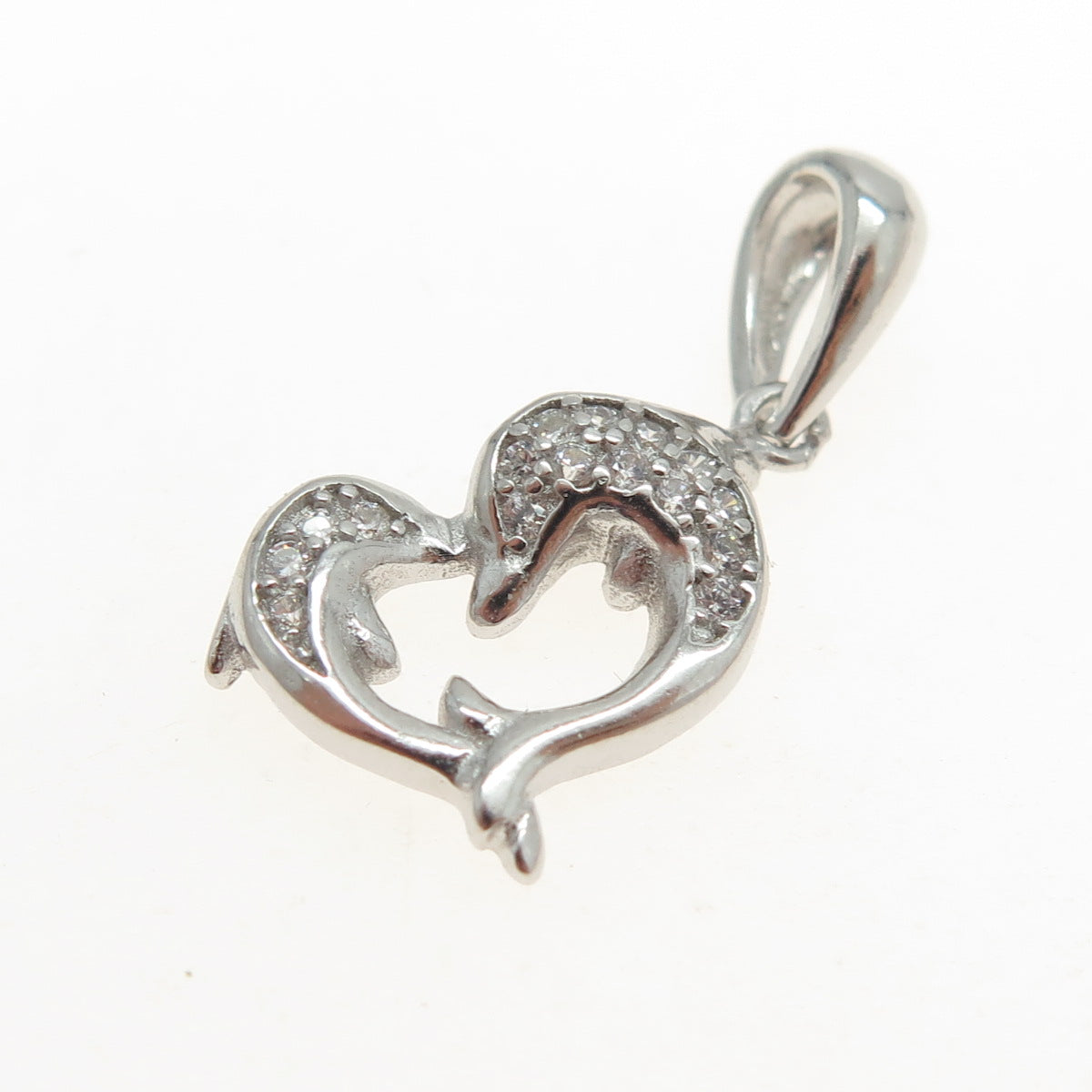 925 Sterling Silver Round-Cut C Z Dolphin Couple Heart Pendant