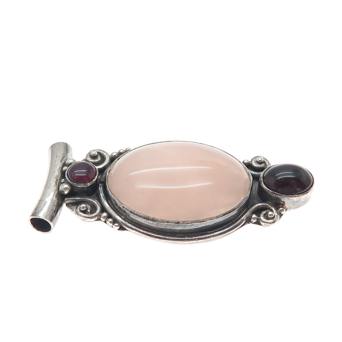 925 Sterling Silver Vintage Real Rose Quartz Tourmaline Rhodonite Slide Pendant