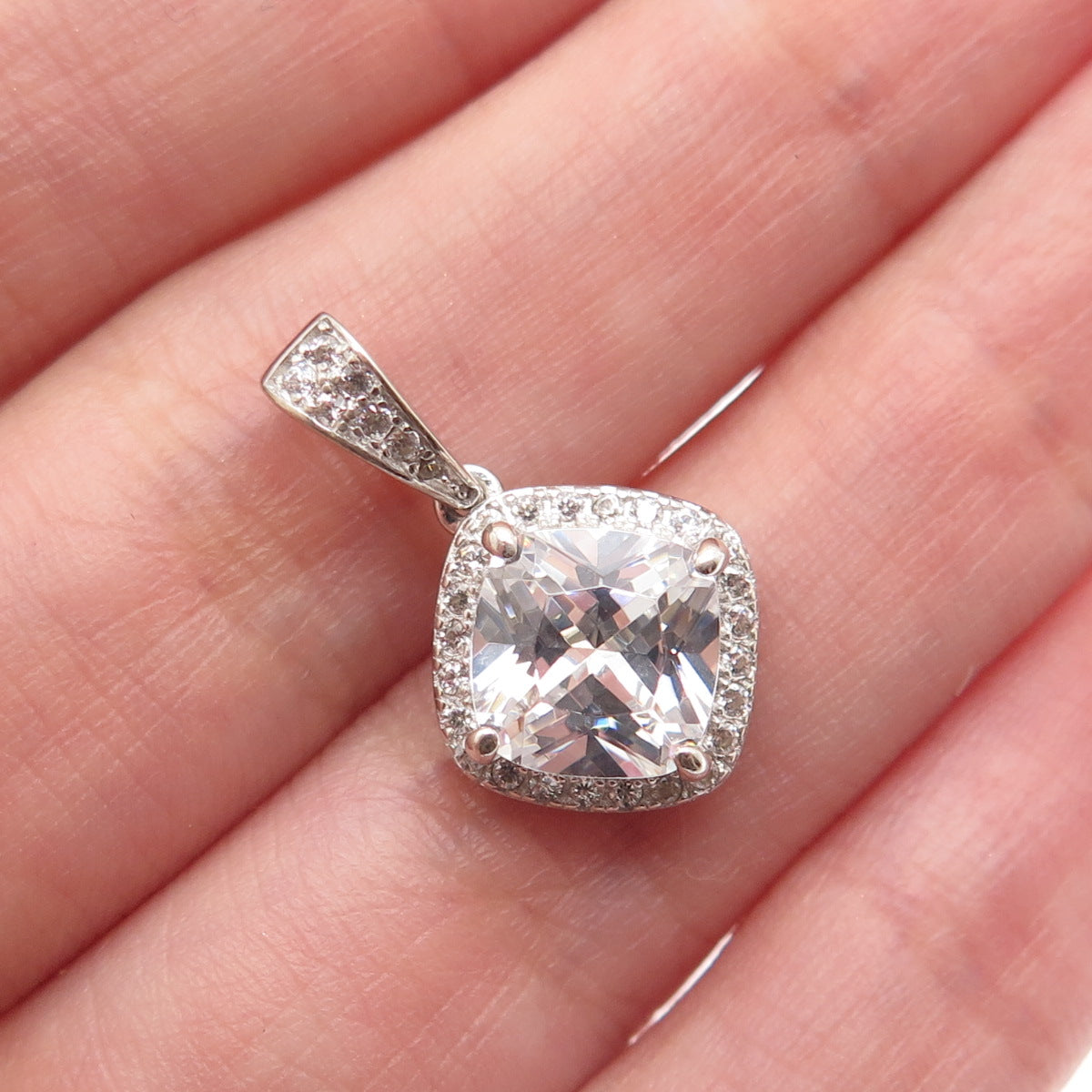 925 Sterling Silver Cushion & Round-Cut C Z Minimalist Charm Pendant