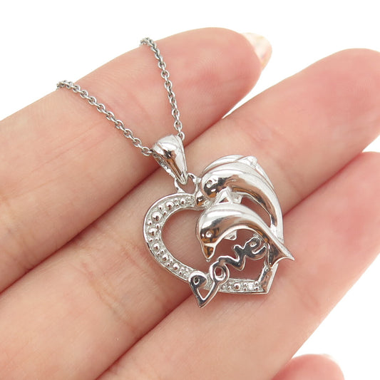 925 Sterling Silver Round-Cut C Z Love Dolphin Heart Cable Chain Necklace 16"