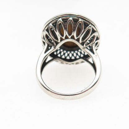 925 Sterling Silver Vintage Real Cabochon Tiger Eye Oxidized Ring Size 6