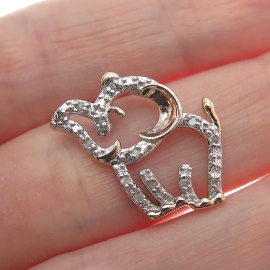 925 Sterling Silver 2-Tone Real Round-Cut Diamond Elephant Minimalist Pendant