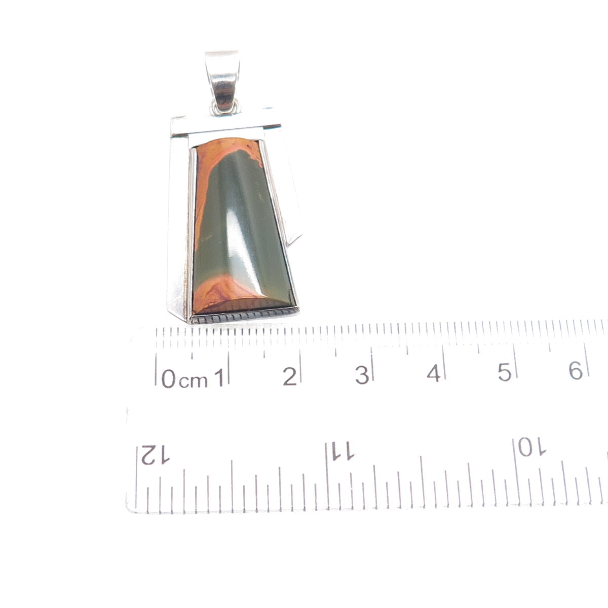 925 Sterling Silver Vintage V Artisan Polychrome Jasper Modernist Charm Pendant