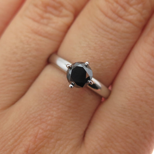 925 Sterling Silver Real Round-Cut Approx. 0.8ct Black Diamond Ring Size 6