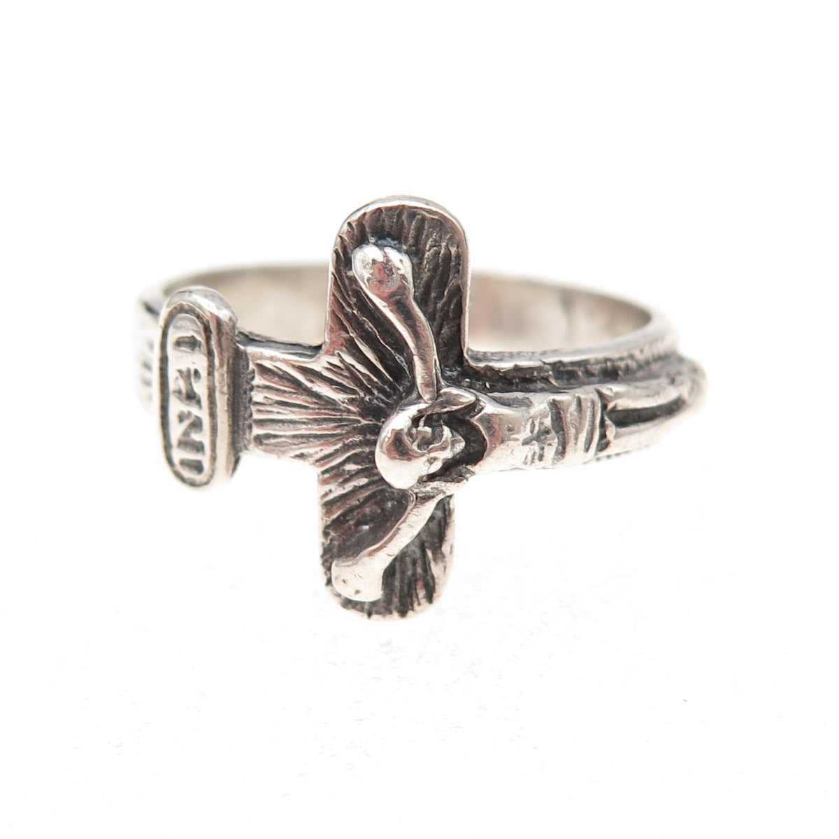 925 Sterling Silver Vintage Crucifix Cross Oxidized Ring Size 10.75