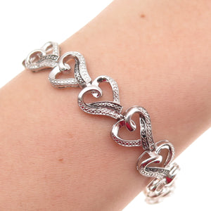 925 Sterling Silver Real Black & White Diamond Heart Link Bracelet 7.25"
