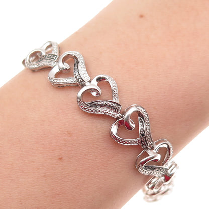 925 Sterling Silver Real Black & White Diamond Heart Link Bracelet 7.25"