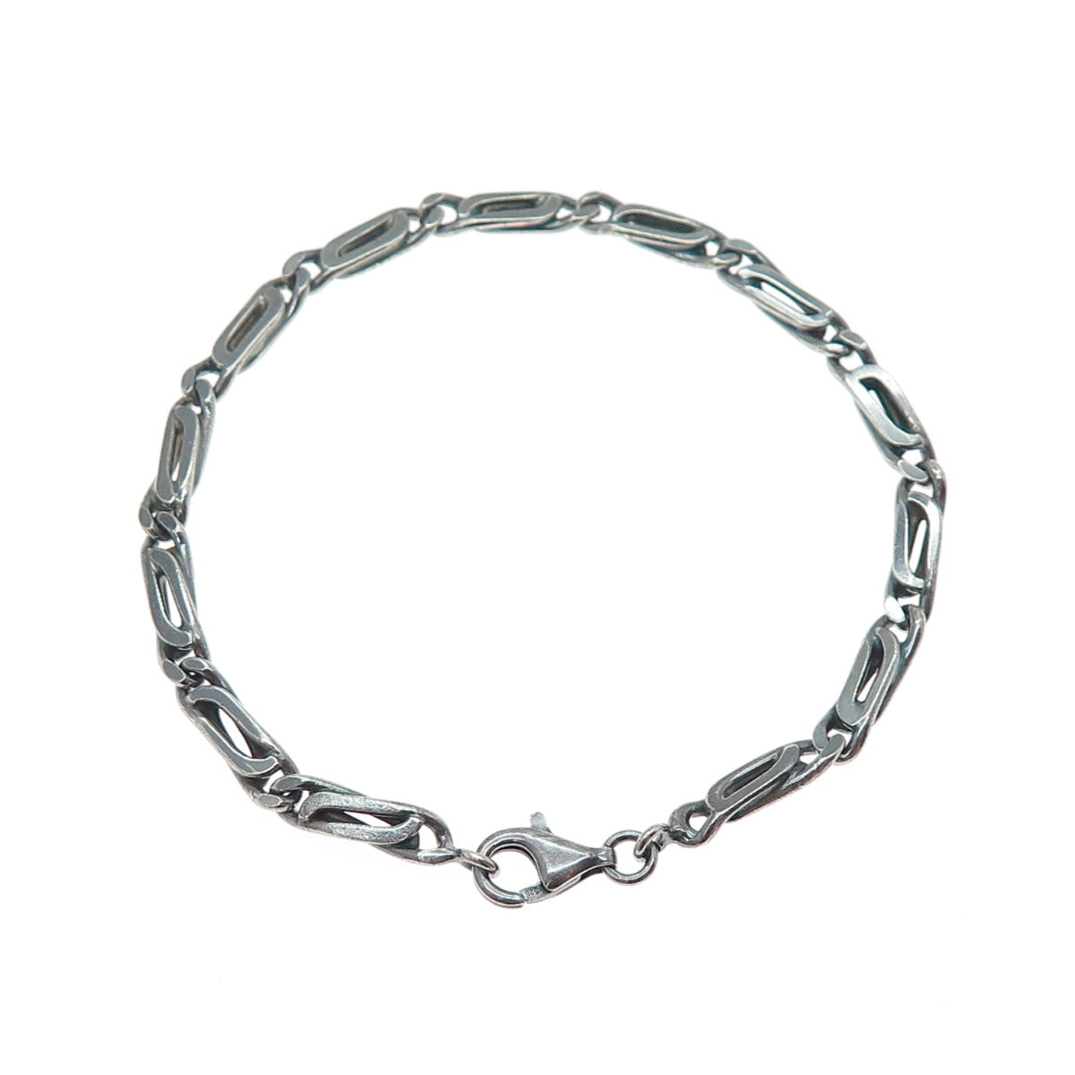 925 Sterling Silver Vintage Modernist Paperclip Link Oxidized Bracelet 7.25"