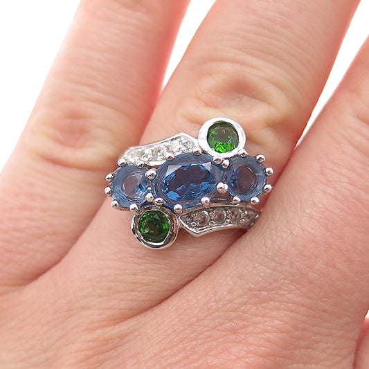 925 Sterling Silver Real Sapphire White Topaz & Peridot Cluster Ring Size 7.25