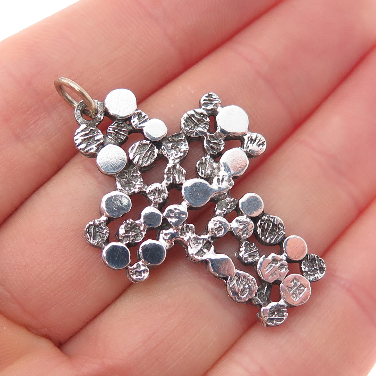 925 Sterling Silver Vintage Modernist Nugget Cross Oxidized Pendant