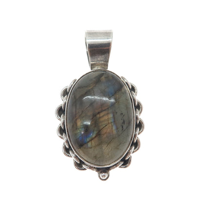 925 Sterling Silver Vintage Real Labradorite Modernist Oxidized Charm Pendant