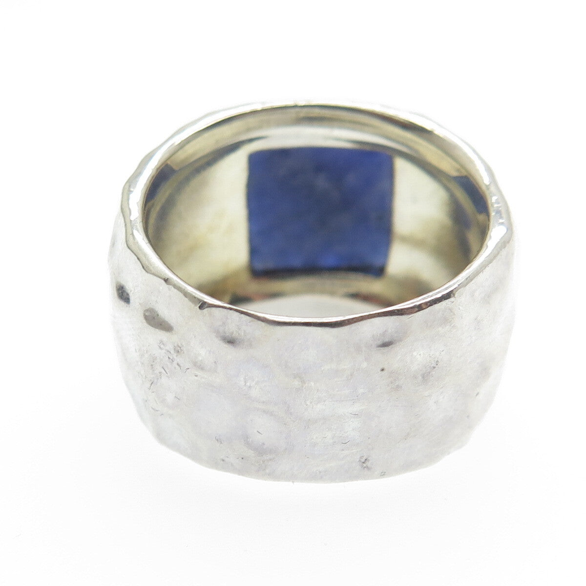 925 Sterling Silver 2-Tone Vintage Real Sodalite Hammered Ring Size 7.5