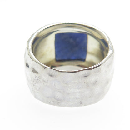 925 Sterling Silver 2-Tone Vintage Real Sodalite Hammered Ring Size 7.5