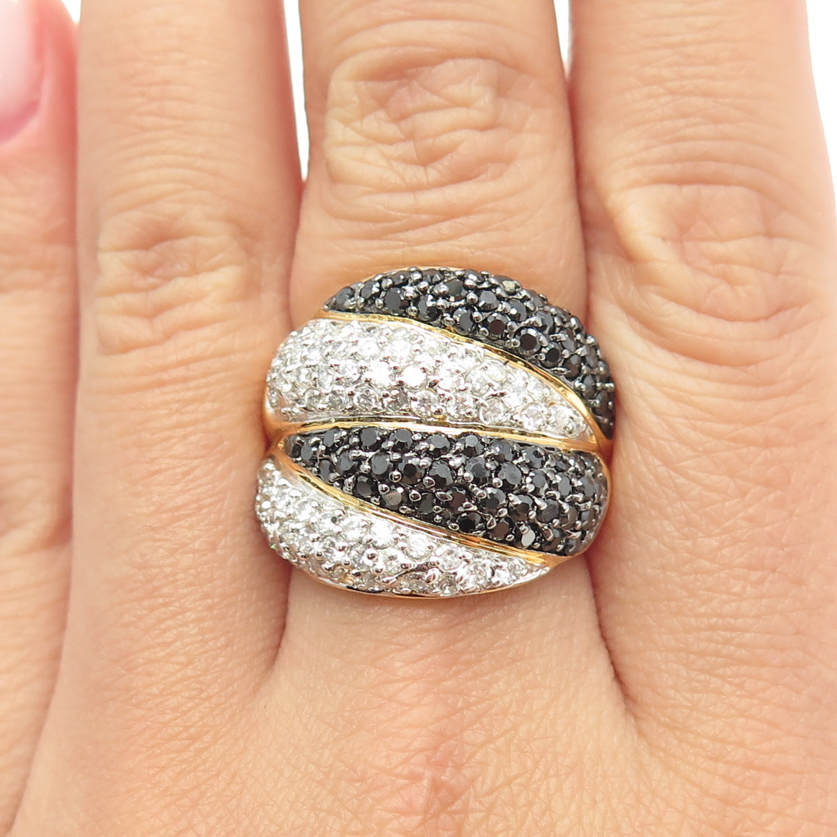 925 Sterling Silver Gold Plated Round-Cut Black Spinel & C Z Claw Ring Size 8.25