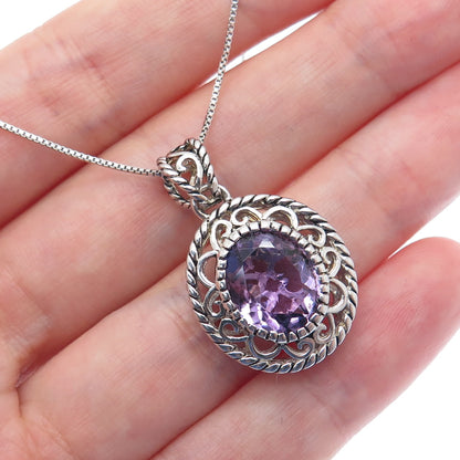 925 Sterling Silver SMK Real Amethyst Gem Swirl Pendant Box Chain Necklace 18"