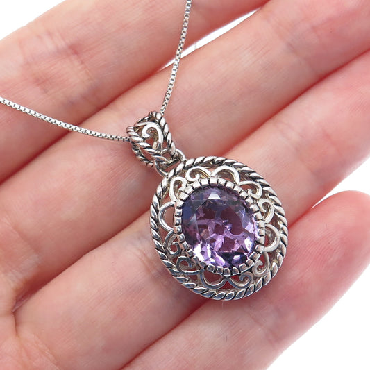 925 Sterling Silver SMK Real Amethyst Gem Swirl Pendant Box Chain Necklace 18"