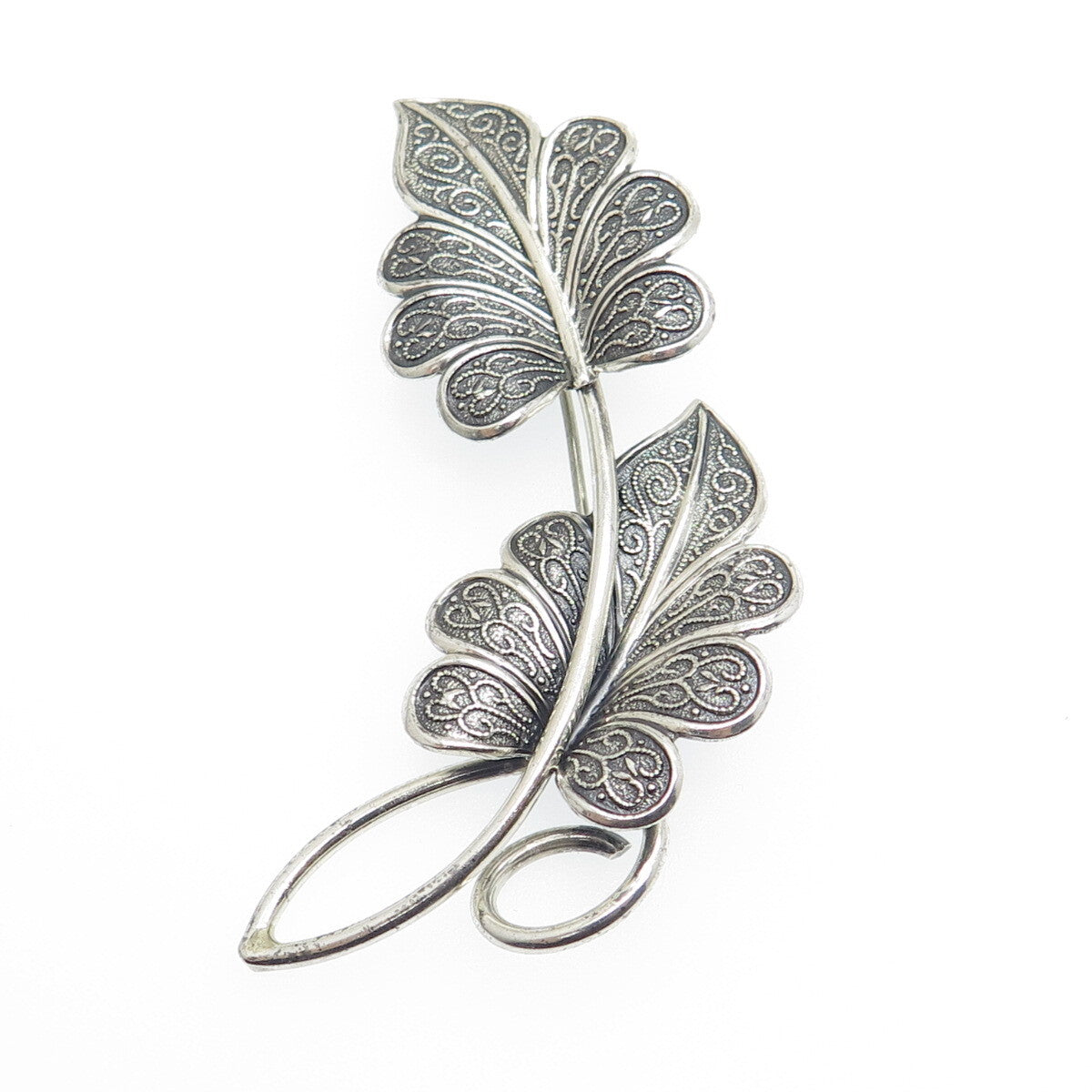 BEAU 925 Sterling Silver Vintage Floral Leaves Oxidized Pin Brooch